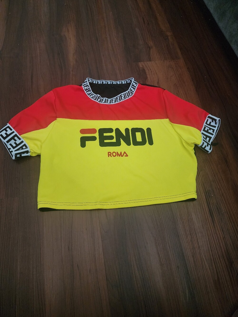 Fendi Red and Yellow Colorblock Logo Crop Tee